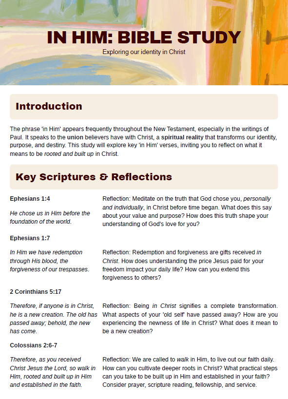 Bible study guide titled 'In Him' exploring identity in Christ with text and colorful background.
