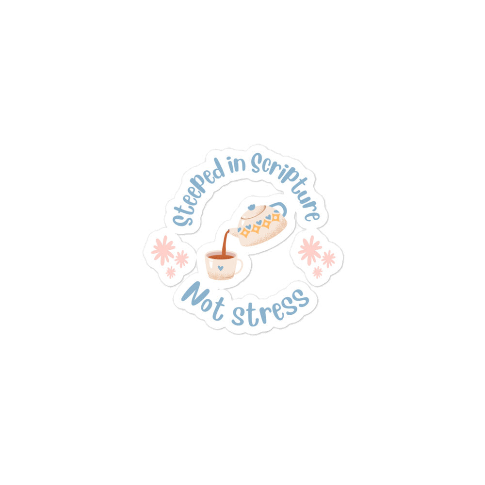 Sticker with 'Steeped in Scripture Not Stress' text and coffee cup design on a white background