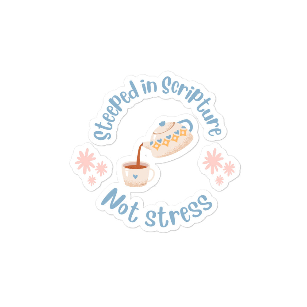 Sticker with 'Steeped in Scripture Not Stress' text and coffee cup design on a white background