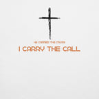 Cross symbol with 'I Carry the Call' text on a white background